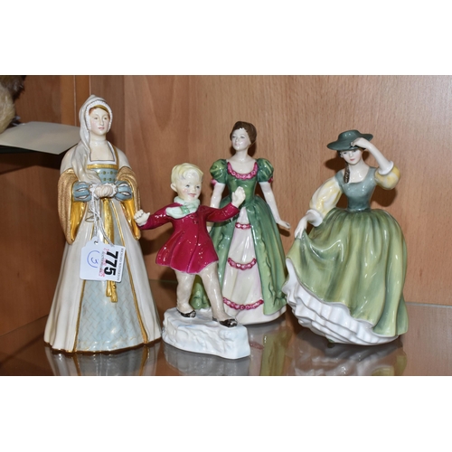 775 - FOUR ROYAL WORCESTER AND ROYAL DOULTON FIGURES, comprising Royal Worcester Anne Boleyn no 2652, heig... 