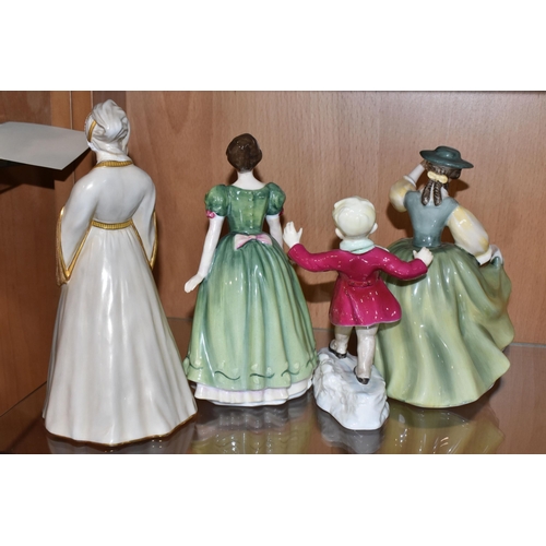 775 - FOUR ROYAL WORCESTER AND ROYAL DOULTON FIGURES, comprising Royal Worcester Anne Boleyn no 2652, heig... 