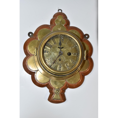 776 - A WALL CLOCK AND FOUR BIRD WALL PLAQUES, the brass cased clock possibly homemade/constructed from pa... 