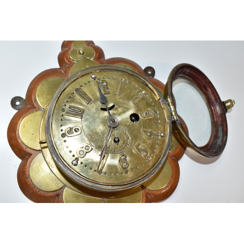 776 - A WALL CLOCK AND FOUR BIRD WALL PLAQUES, the brass cased clock possibly homemade/constructed from pa... 