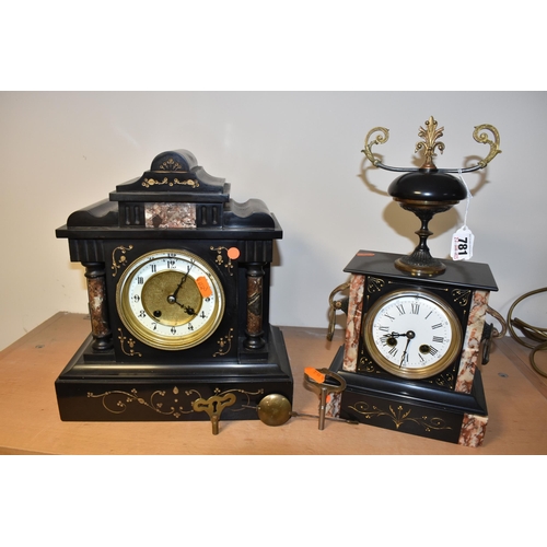 781 - TWO VICTORIAN SLATE AND MARBLE MANTEL CLOCKS, comprising a black slate mantel clock of architectural... 