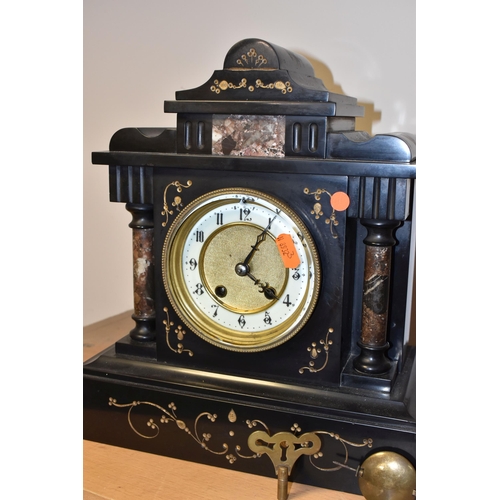 781 - TWO VICTORIAN SLATE AND MARBLE MANTEL CLOCKS, comprising a black slate mantel clock of architectural... 