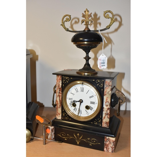 781 - TWO VICTORIAN SLATE AND MARBLE MANTEL CLOCKS, comprising a black slate mantel clock of architectural... 