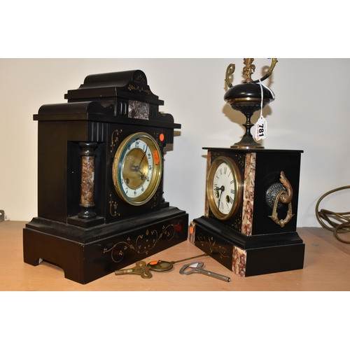 781 - TWO VICTORIAN SLATE AND MARBLE MANTEL CLOCKS, comprising a black slate mantel clock of architectural... 