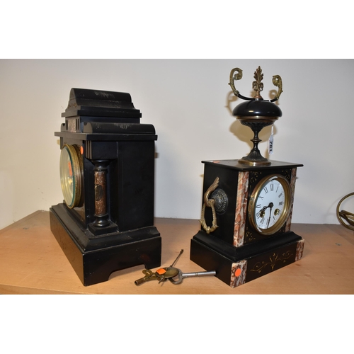 781 - TWO VICTORIAN SLATE AND MARBLE MANTEL CLOCKS, comprising a black slate mantel clock of architectural... 