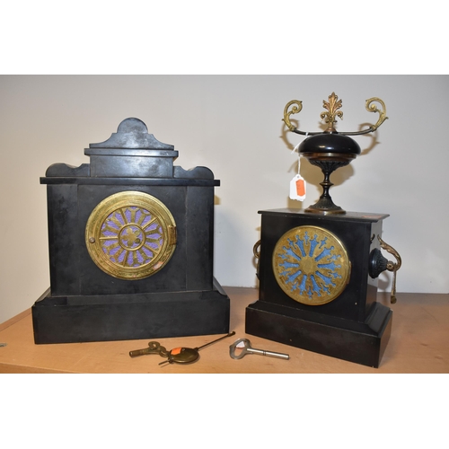 781 - TWO VICTORIAN SLATE AND MARBLE MANTEL CLOCKS, comprising a black slate mantel clock of architectural... 