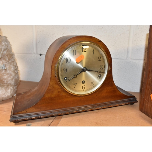 787 - A GROUP OF FOUR EARLY 20TH CENTURY CLOCKS, comprising a bracket clock, gong striking with a printed ... 