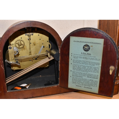 787 - A GROUP OF FOUR EARLY 20TH CENTURY CLOCKS, comprising a bracket clock, gong striking with a printed ... 