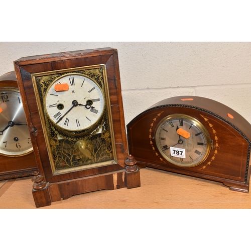 787 - A GROUP OF FOUR EARLY 20TH CENTURY CLOCKS, comprising a bracket clock, gong striking with a printed ... 