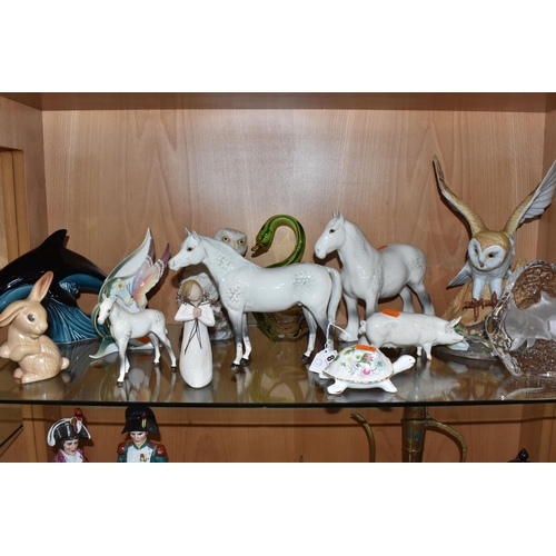 817 - A GROUP OF FIGURINES to include three white Beswick horses comprising an 'Arab Bahram' No. 1771, a '... 