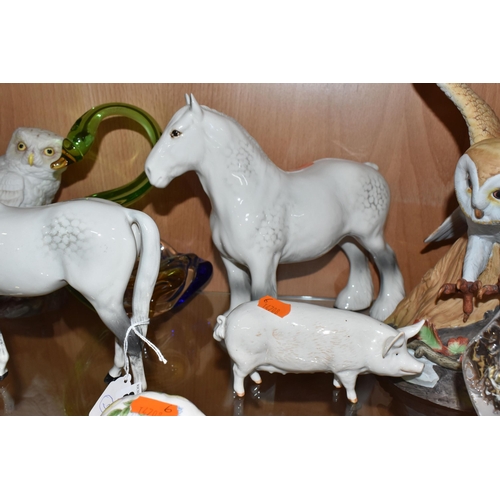 817 - A GROUP OF FIGURINES to include three white Beswick horses comprising an 'Arab Bahram' No. 1771, a '... 