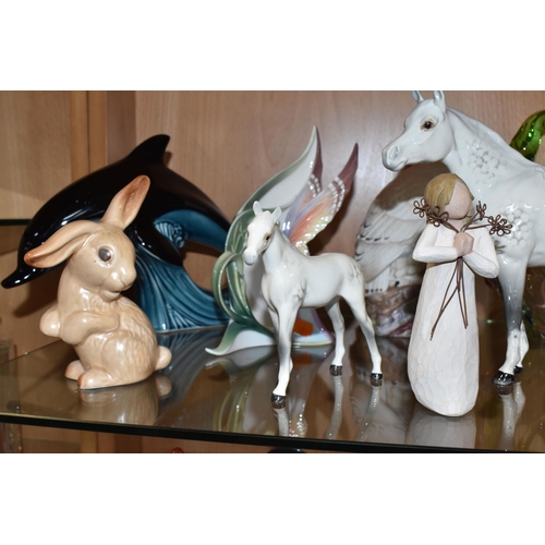 817 - A GROUP OF FIGURINES to include three white Beswick horses comprising an 'Arab Bahram' No. 1771, a '... 