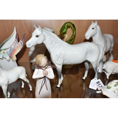 817 - A GROUP OF FIGURINES to include three white Beswick horses comprising an 'Arab Bahram' No. 1771, a '... 