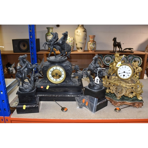 835 - A GILDED METAL CLOCK AND A BLACK SLATE AND MARBLE CLOCK GARNITURE comprising a gilded metal mantel c... 