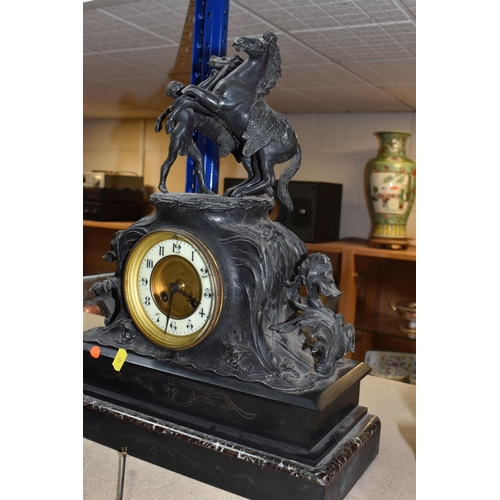 835 - A GILDED METAL CLOCK AND A BLACK SLATE AND MARBLE CLOCK GARNITURE comprising a gilded metal mantel c... 