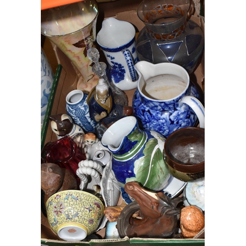 847 - TWO BOXES AND LOOSE CERAMICS to include three water jugs, a blue and white vase, a large blue and wh... 