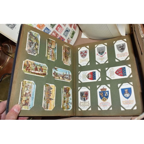 850 - A GROUP OF METAL AND VINTAGE ITEMS to include a Minton tile decorated with birds, two stoneware ink ... 