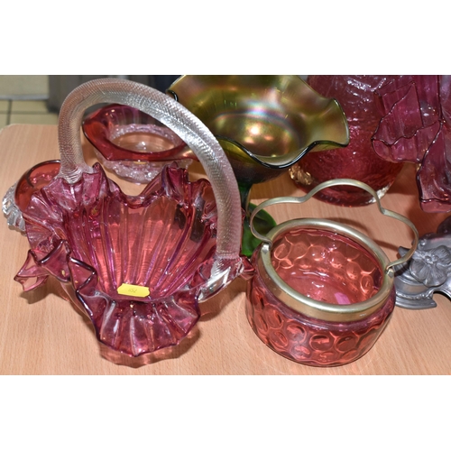 852 - A GROUP OF MOSTLY CRANBERRY GLASS to include a single trumpet cranberry glass epergne, possibly Carr... 