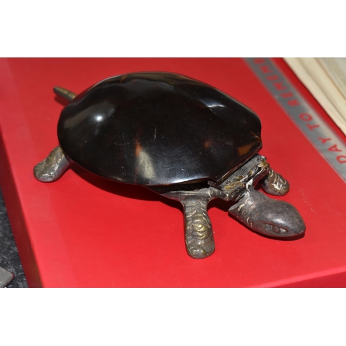 856 - A GROUP OF VINTAGE ITEMS to include a novelty early twentieth-century tortoise-shaped reception bell... 