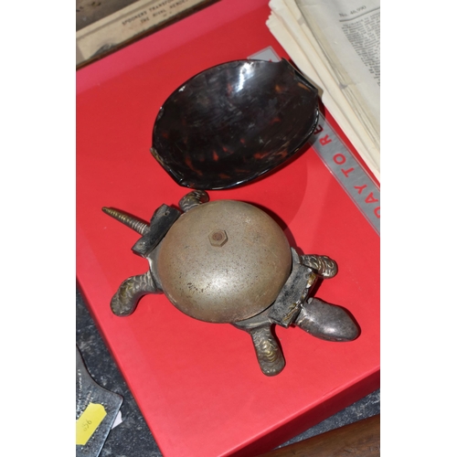 856 - A GROUP OF VINTAGE ITEMS to include a novelty early twentieth-century tortoise-shaped reception bell... 