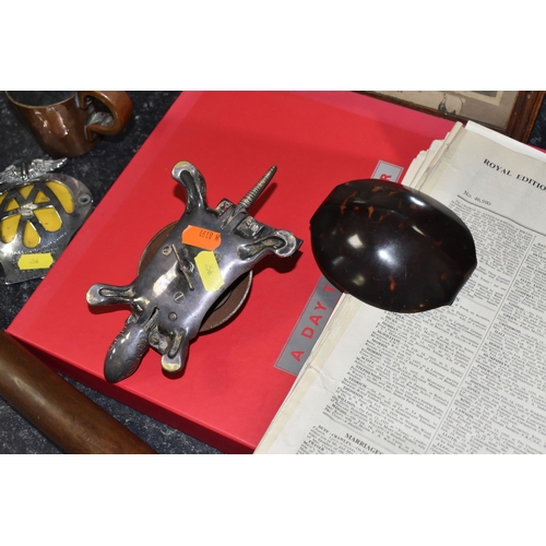 856 - A GROUP OF VINTAGE ITEMS to include a novelty early twentieth-century tortoise-shaped reception bell... 