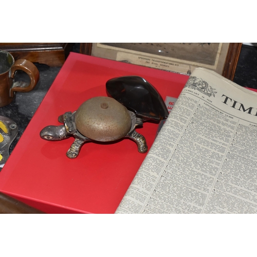 856 - A GROUP OF VINTAGE ITEMS to include a novelty early twentieth-century tortoise-shaped reception bell... 