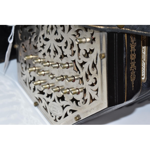 857 - AN EARLY TWENTIETH CENTURY JEFFRIES  BROS BOXED ANGLO CONCERTINA 30 buttons mounted on pierced folia... 