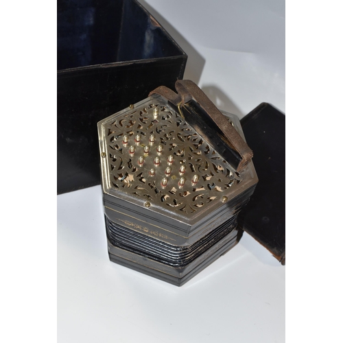 857 - AN EARLY TWENTIETH CENTURY JEFFRIES  BROS BOXED ANGLO CONCERTINA 30 buttons mounted on pierced folia... 