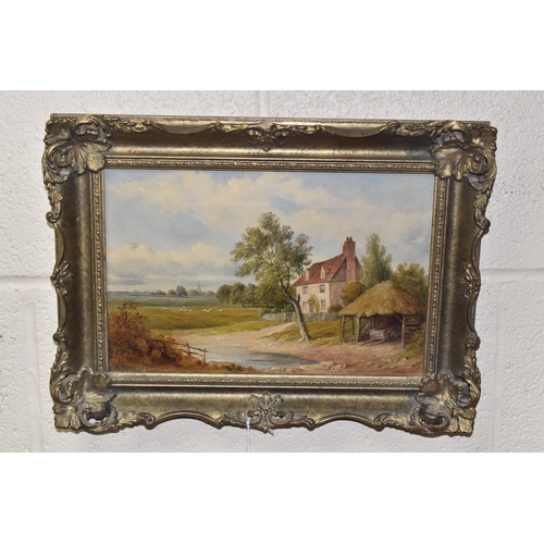 858 - A 19TH CENTURY ENGLISH SCHOOL LANDSCAPE, a cottage and rustic shelter stand before a landscape with ... 