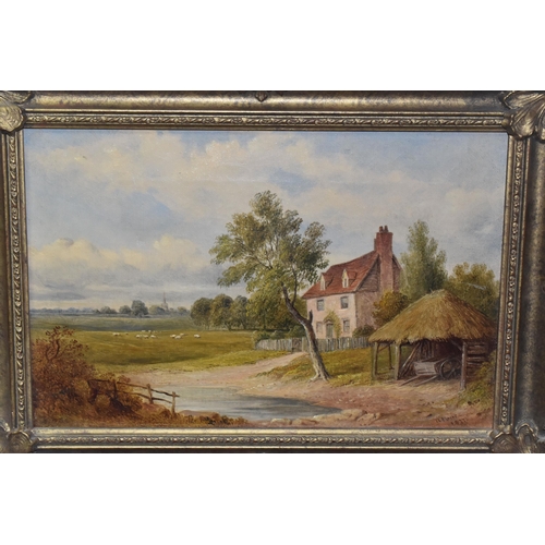 858 - A 19TH CENTURY ENGLISH SCHOOL LANDSCAPE, a cottage and rustic shelter stand before a landscape with ... 