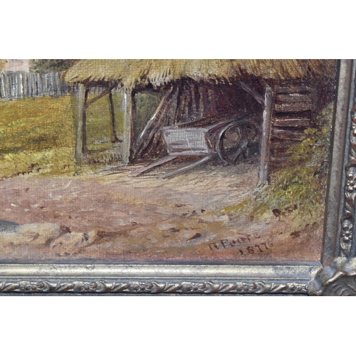 858 - A 19TH CENTURY ENGLISH SCHOOL LANDSCAPE, a cottage and rustic shelter stand before a landscape with ... 