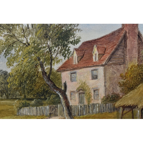 858 - A 19TH CENTURY ENGLISH SCHOOL LANDSCAPE, a cottage and rustic shelter stand before a landscape with ... 