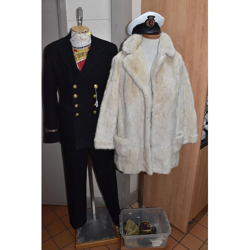 863 - A VINTAGE 4TH ENGINEER MERCHANT NAVY UNIFORM, with cap, and epaulettes, two silk 'bow ties', a boxed... 