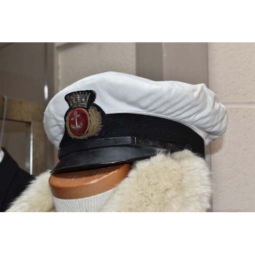 863 - A VINTAGE 4TH ENGINEER MERCHANT NAVY UNIFORM, with cap, and epaulettes, two silk 'bow ties', a boxed... 