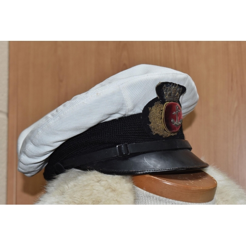 863 - A VINTAGE 4TH ENGINEER MERCHANT NAVY UNIFORM, with cap, and epaulettes, two silk 'bow ties', a boxed... 