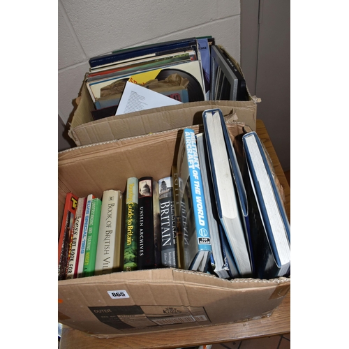 865 - TWO BOXES AND LOOSE BOOKS, RECORDS, AND PICTURES to include a box of approximately eighteen mostly h... 