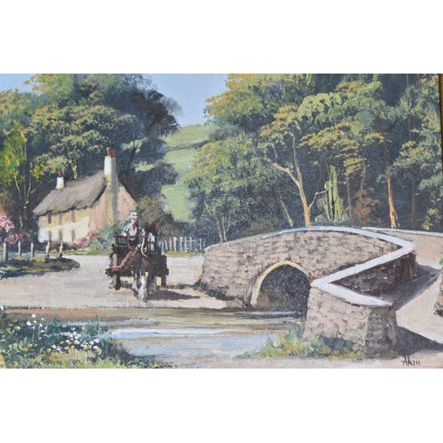 869 - ALAN KING OF MALVERN (1946-2013) 'SOMERSET CROSSING', a horse and cart preparing to cross a stream, ... 