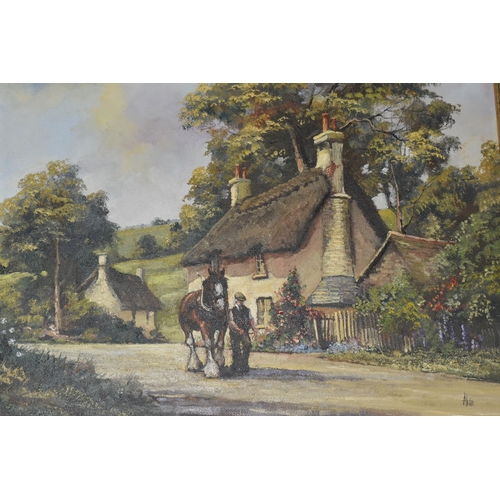 870 - ALAN KING OF MALVERN (1946-2013) 'EVENING ENCOUNTER', a nostalgic rural scene with a heavy horse bei... 