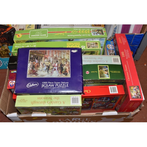 873 - SIX BOXES OF JIGSAW PUZZLES, including approximately sixty puzzles up to 1500 pieces, various themes... 