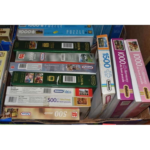 873 - SIX BOXES OF JIGSAW PUZZLES, including approximately sixty puzzles up to 1500 pieces, various themes... 