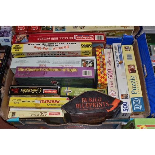 873 - SIX BOXES OF JIGSAW PUZZLES, including approximately sixty puzzles up to 1500 pieces, various themes... 