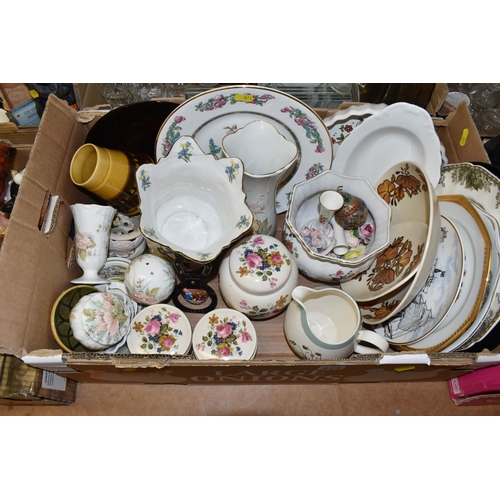 874 - SIX BOXES OF MIXED CERAMICS AND GLASSWARE, to include a Gaiwan Chinese teacup set, bamboo weaving de... 