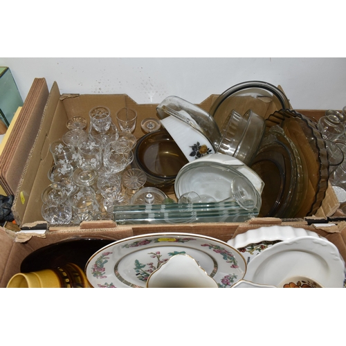 874 - SIX BOXES OF MIXED CERAMICS AND GLASSWARE, to include a Gaiwan Chinese teacup set, bamboo weaving de... 