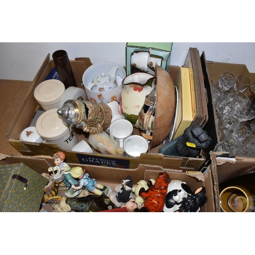 874 - SIX BOXES OF MIXED CERAMICS AND GLASSWARE, to include a Gaiwan Chinese teacup set, bamboo weaving de... 