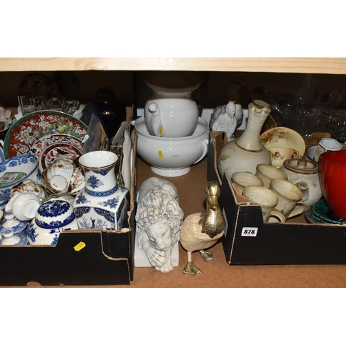 878 - FOUR BOXES AND LOOSE MISCELLANEOUS CERAMIC AND GLASS, included Melba China tea ware with floral deta... 