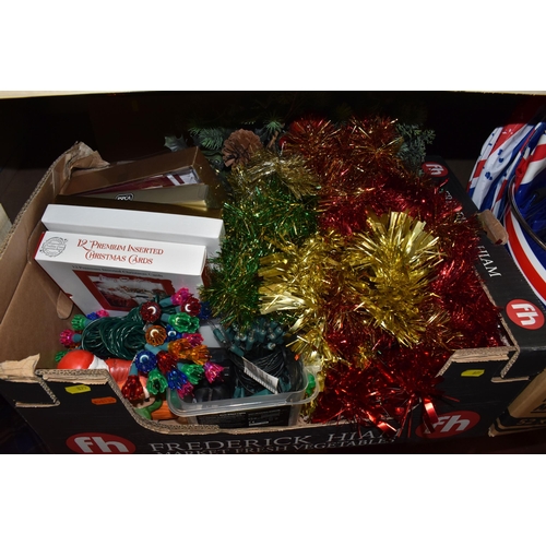 879 - THREE BOXES AND LOOSE CHRISTMAS DECORATIONS, UNION JACK THEMED ITEMS AND MISCELLANEOUS, to include a... 