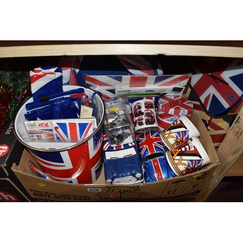 879 - THREE BOXES AND LOOSE CHRISTMAS DECORATIONS, UNION JACK THEMED ITEMS AND MISCELLANEOUS, to include a... 