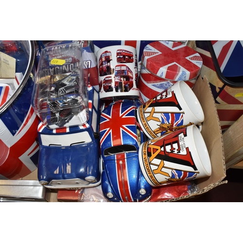 879 - THREE BOXES AND LOOSE CHRISTMAS DECORATIONS, UNION JACK THEMED ITEMS AND MISCELLANEOUS, to include a... 