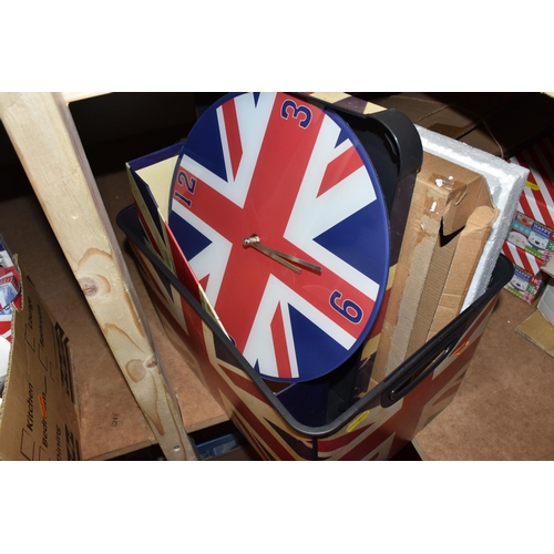 879 - THREE BOXES AND LOOSE CHRISTMAS DECORATIONS, UNION JACK THEMED ITEMS AND MISCELLANEOUS, to include a... 