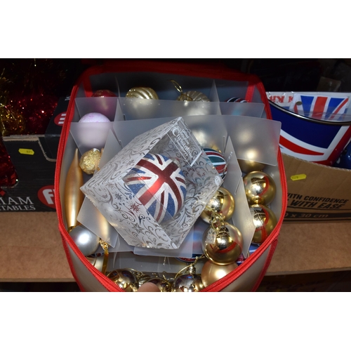 879 - THREE BOXES AND LOOSE CHRISTMAS DECORATIONS, UNION JACK THEMED ITEMS AND MISCELLANEOUS, to include a... 